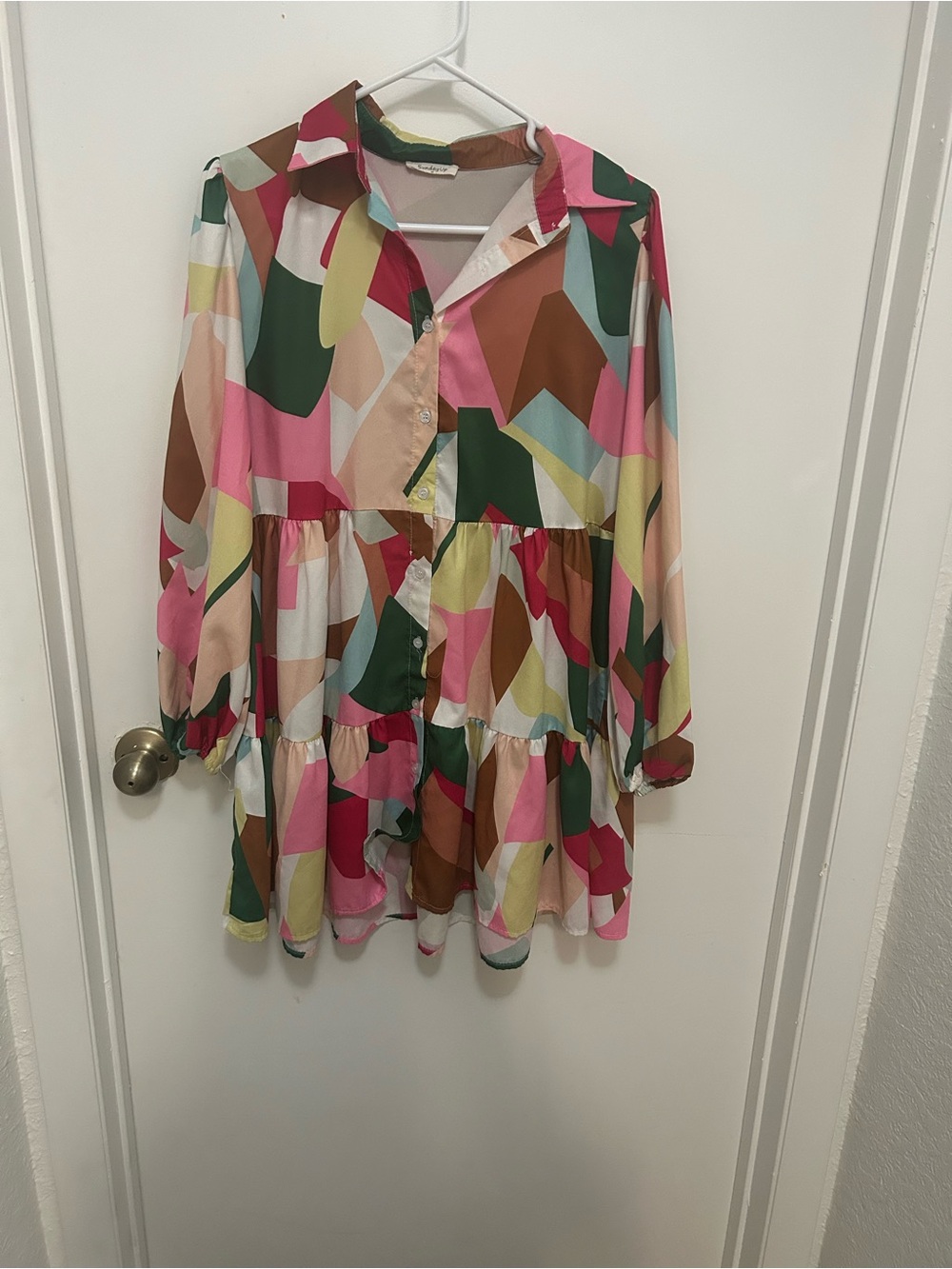 Sunday Colorblock Button-Up Tunic in Green, Brown, Pink & Yellow